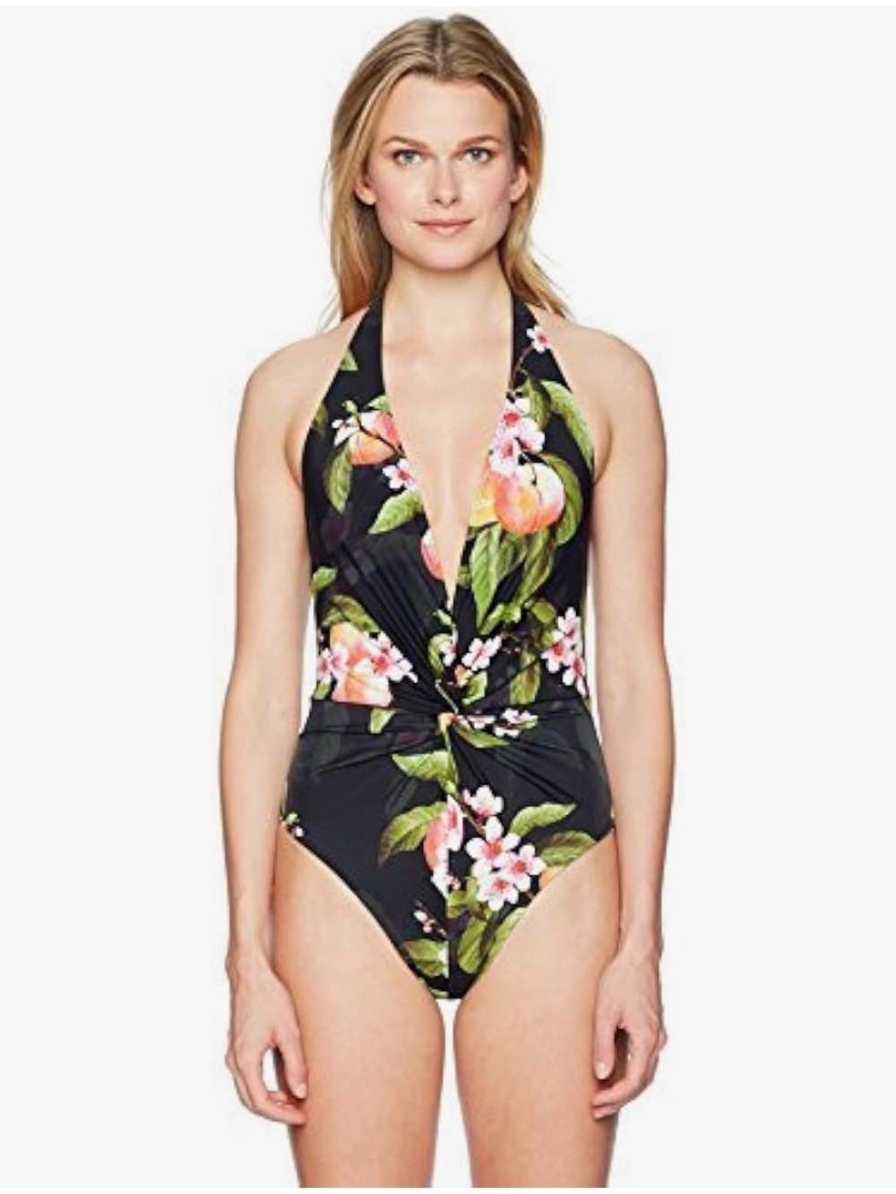 Ted Baker London Twist front one piece swimsuit in floral peach blossom